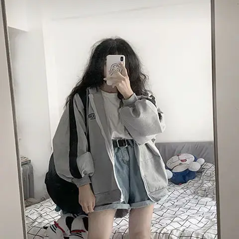 Women Grey Zipper Sweatshirt Jacket Large 2025 Harajuku Style — feature 11