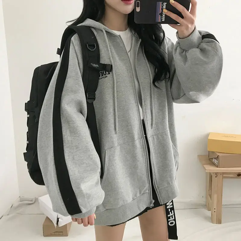 Women Grey Zipper Sweatshirt Jacket Large 2025 Harajuku Style — feature 13