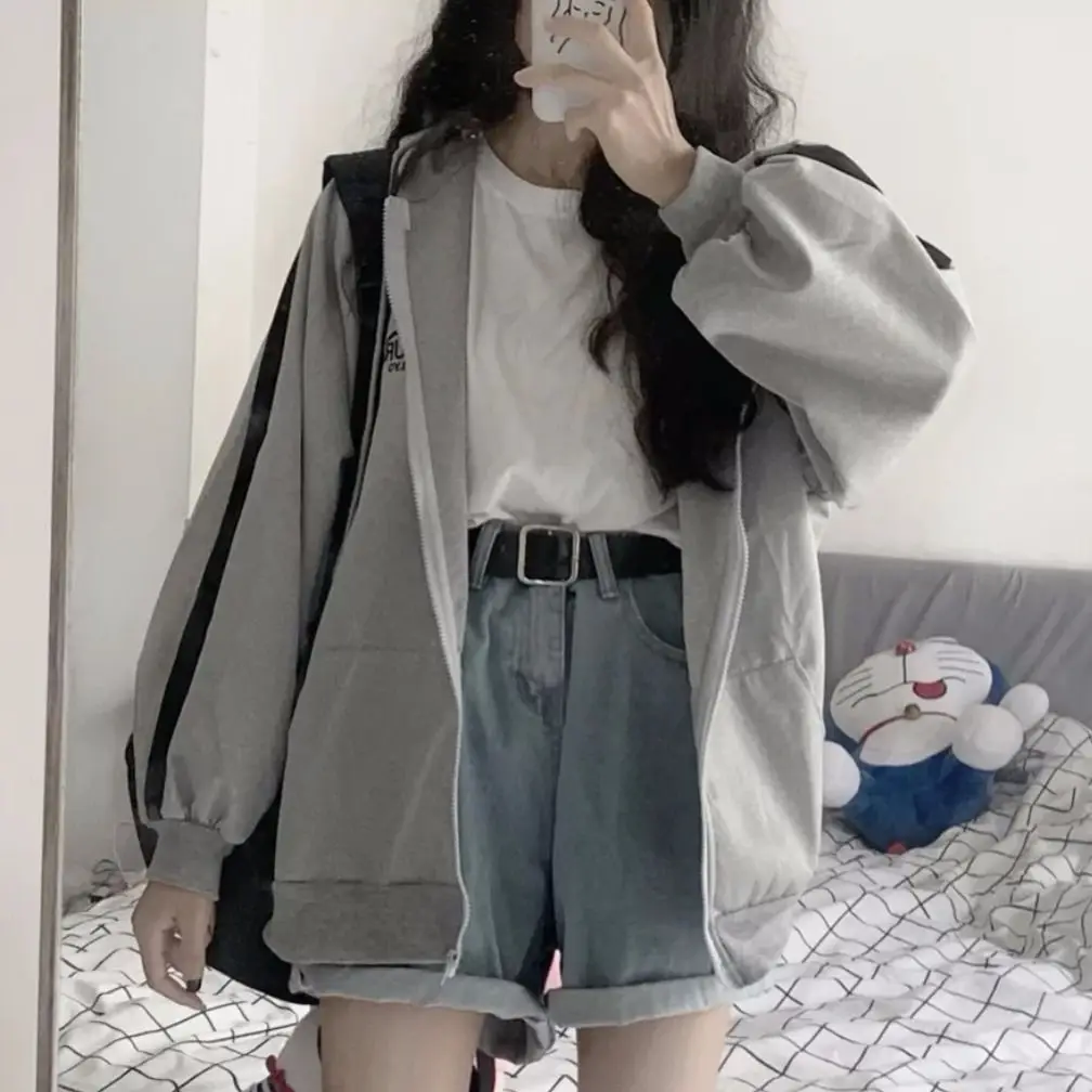 Women Grey Zipper Sweatshirt Jacket Large 2025 Harajuku Style — feature 4
