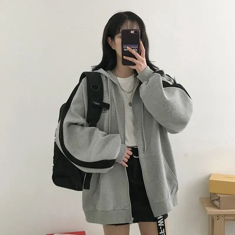 Women Grey Zipper Sweatshirt Jacket Large 2025 Harajuku Style — feature 8
