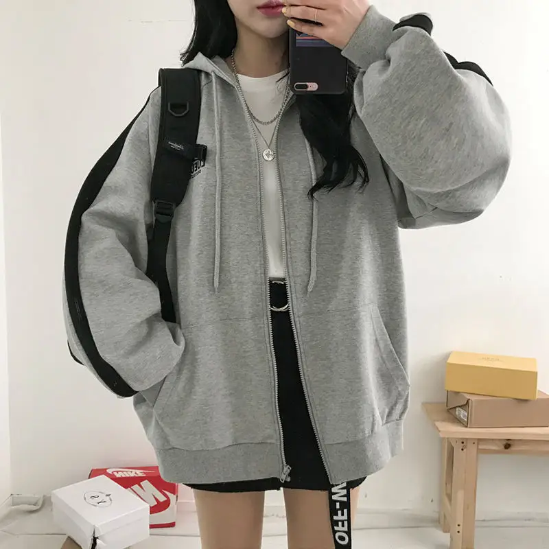 Women Grey Zipper Sweatshirt Jacket Large 2025 Harajuku Style — feature 9