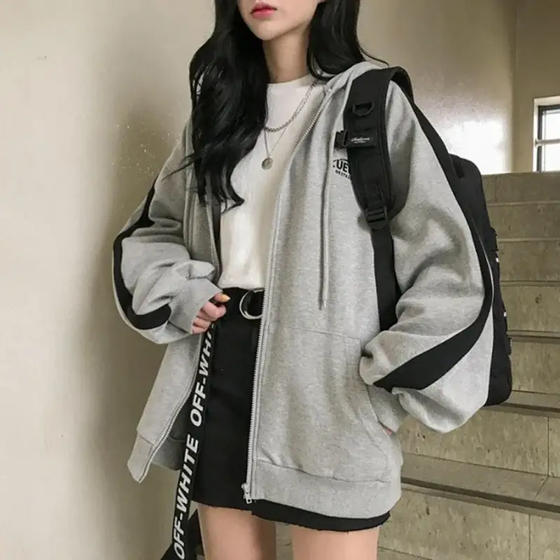 Women Grey Zipper Sweatshirt Jacket Large 2025 Harajuku Style - Image 2