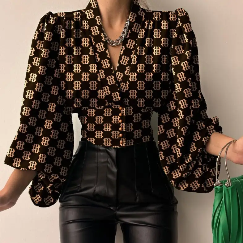 Button V-Neck Lantern Sleeve Shirt Black Gold Print - Image 5