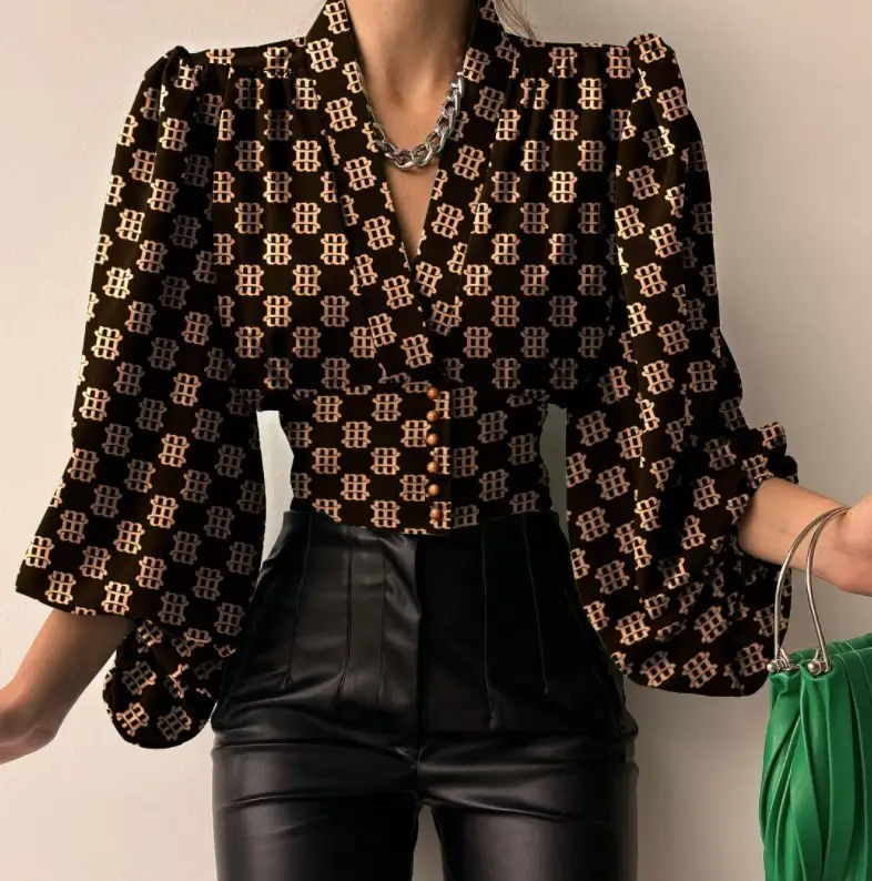 Button V-Neck Lantern Sleeve Shirt Black Gold Print - Image 2