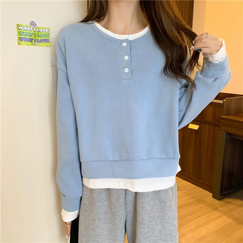 Women Cotton Short Sweater Blue White Trim - Image 8