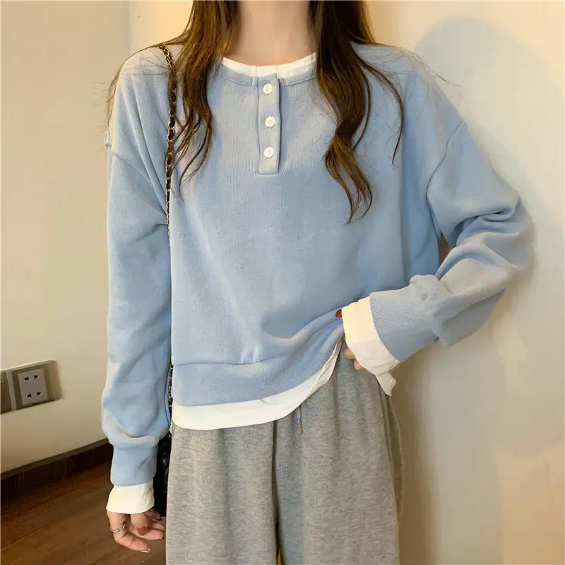 Women Cotton Short Sweater Blue White Trim — feature 11
