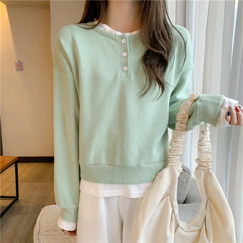 Women Cotton Short Sweater Blue White Trim — feature 5