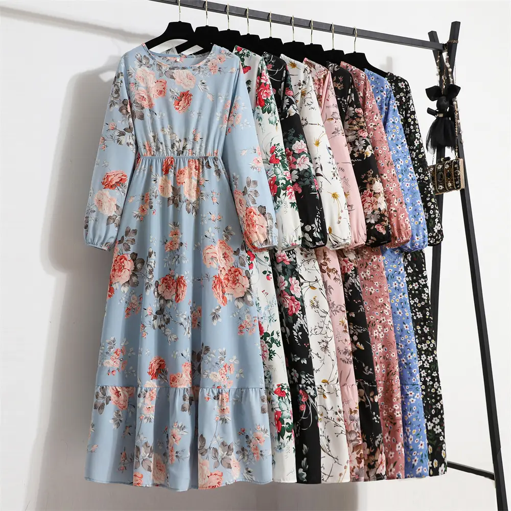 Black Floral Long Sleeve Tea Dress for Women