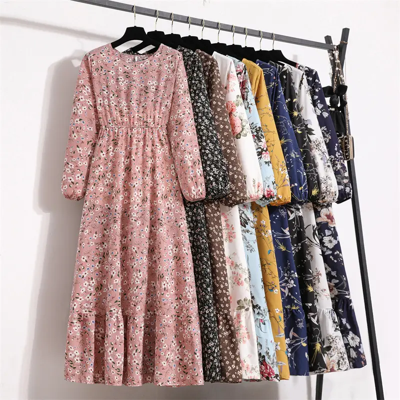 Black Floral Long Sleeve Tea Dress for Women - Image 29
