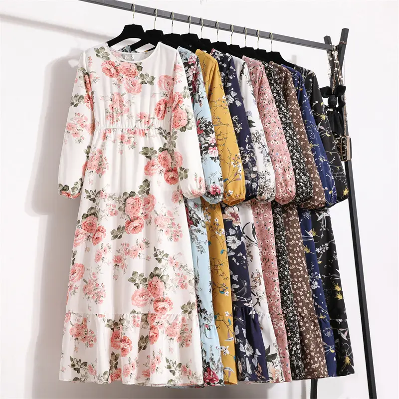 Black Floral Long Sleeve Tea Dress for Women - Image 30