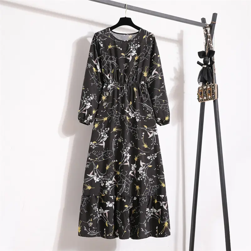 Black Floral Long Sleeve Tea Dress for Women - Image 4