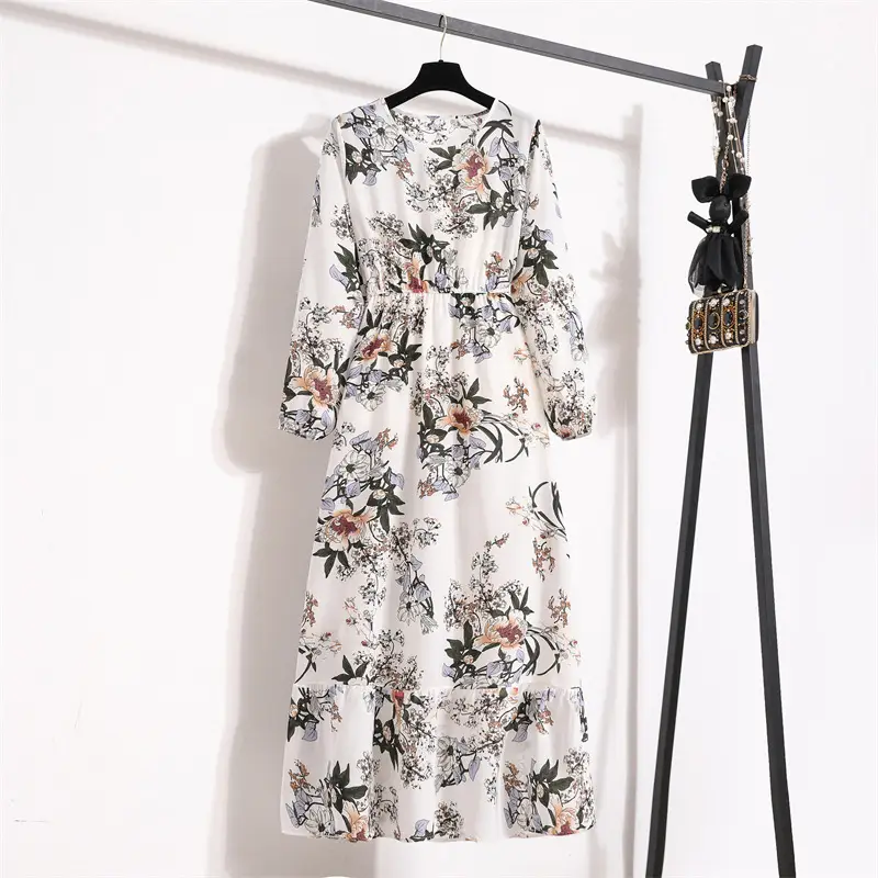 Black Floral Long Sleeve Tea Dress for Women - Image 8