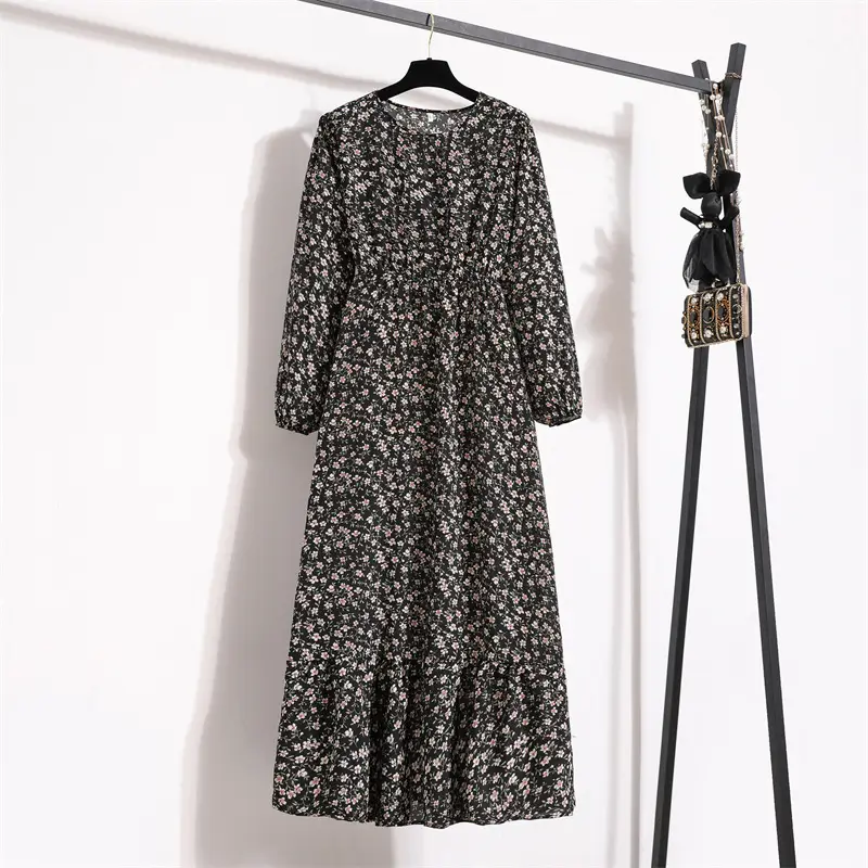 Black Floral Long Sleeve Tea Dress for Women - Image 9