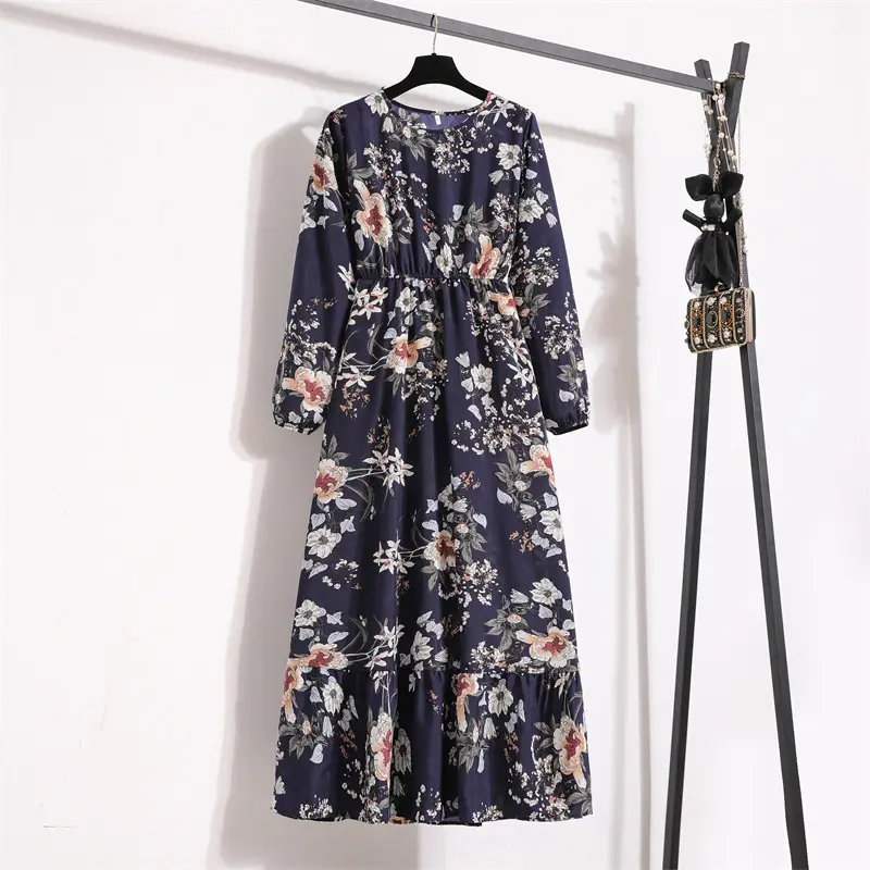Black Floral Long Sleeve Tea Dress for Women - Image 10