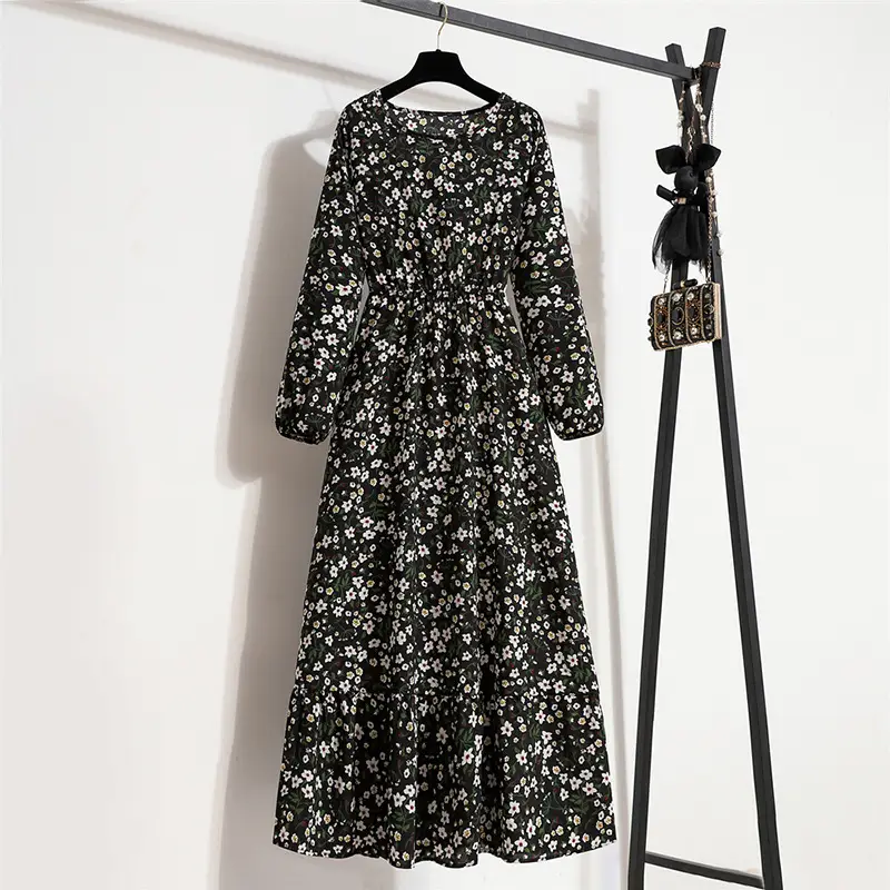 Black Floral Long Sleeve Tea Dress for Women - Image 17