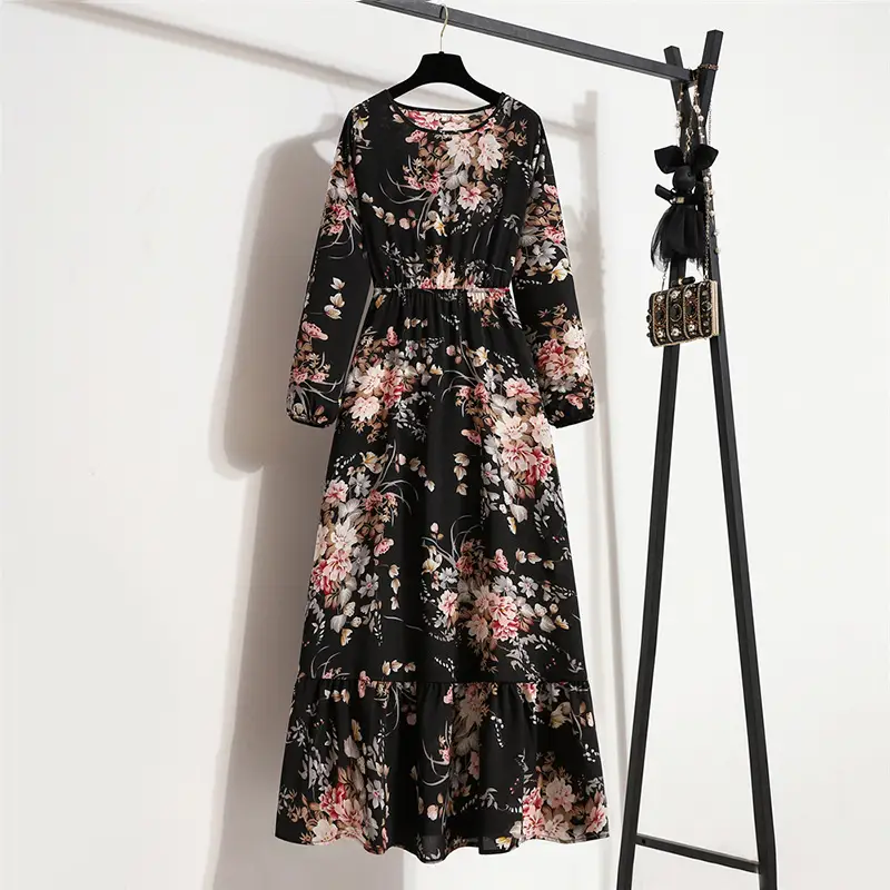 Black Floral Long Sleeve Tea Dress for Women - Image 21