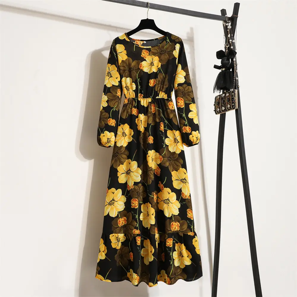 Black Floral Long Sleeve Tea Dress for Women - Image 22