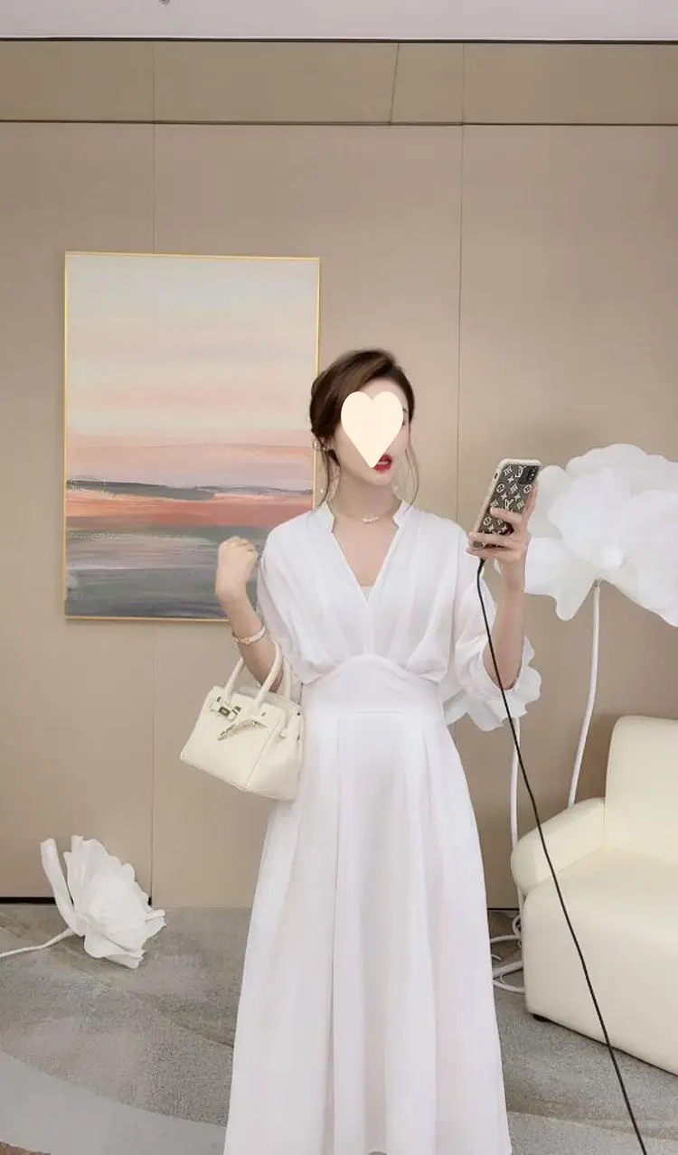Women's White V-Neck Slimming Mid-Length Dress — feature 10