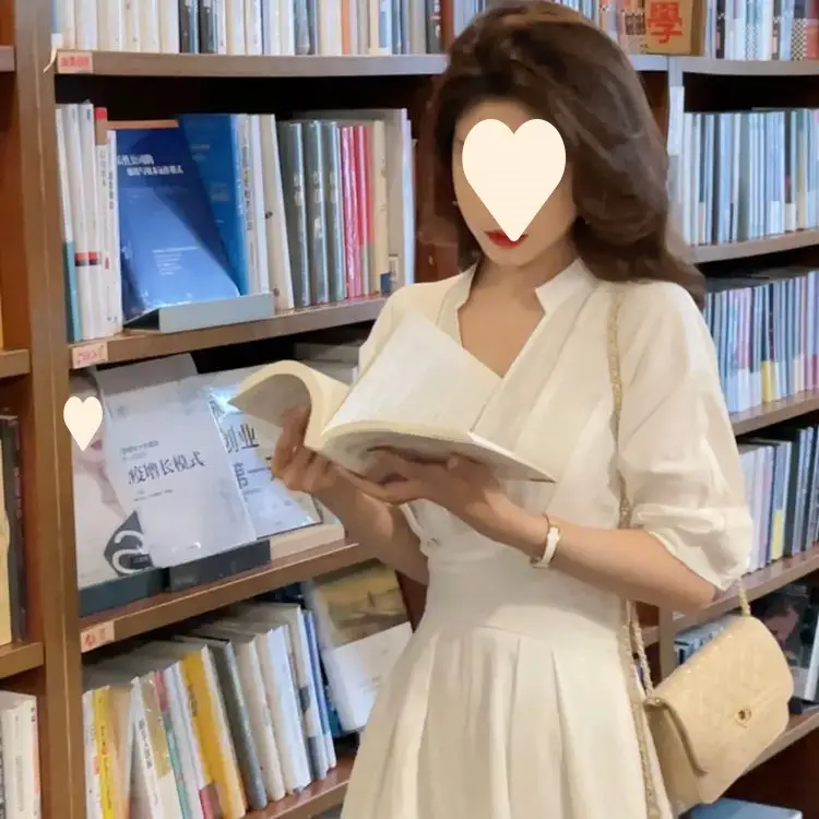 Women's White V-Neck Slimming Mid-Length Dress — feature 2