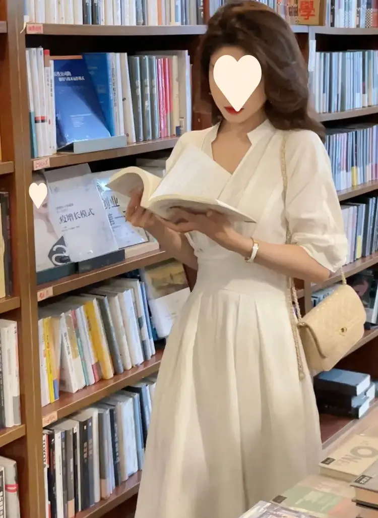 Women's White V-Neck Slimming Mid-Length Dress — feature 4
