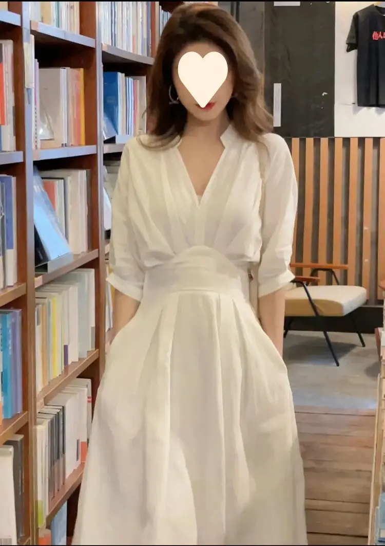 Women's White V-Neck Slimming Mid-Length Dress — feature 5