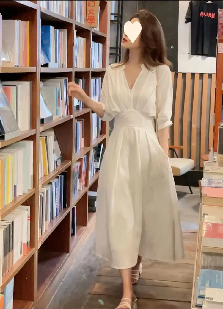 Women's White V-Neck Slimming Mid-Length Dress — feature 6