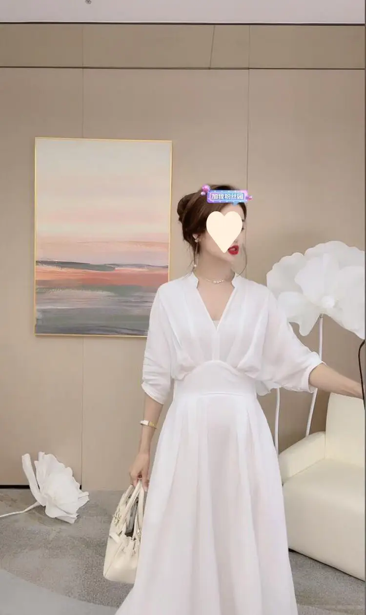 Women's White V-Neck Slimming Mid-Length Dress — feature 8
