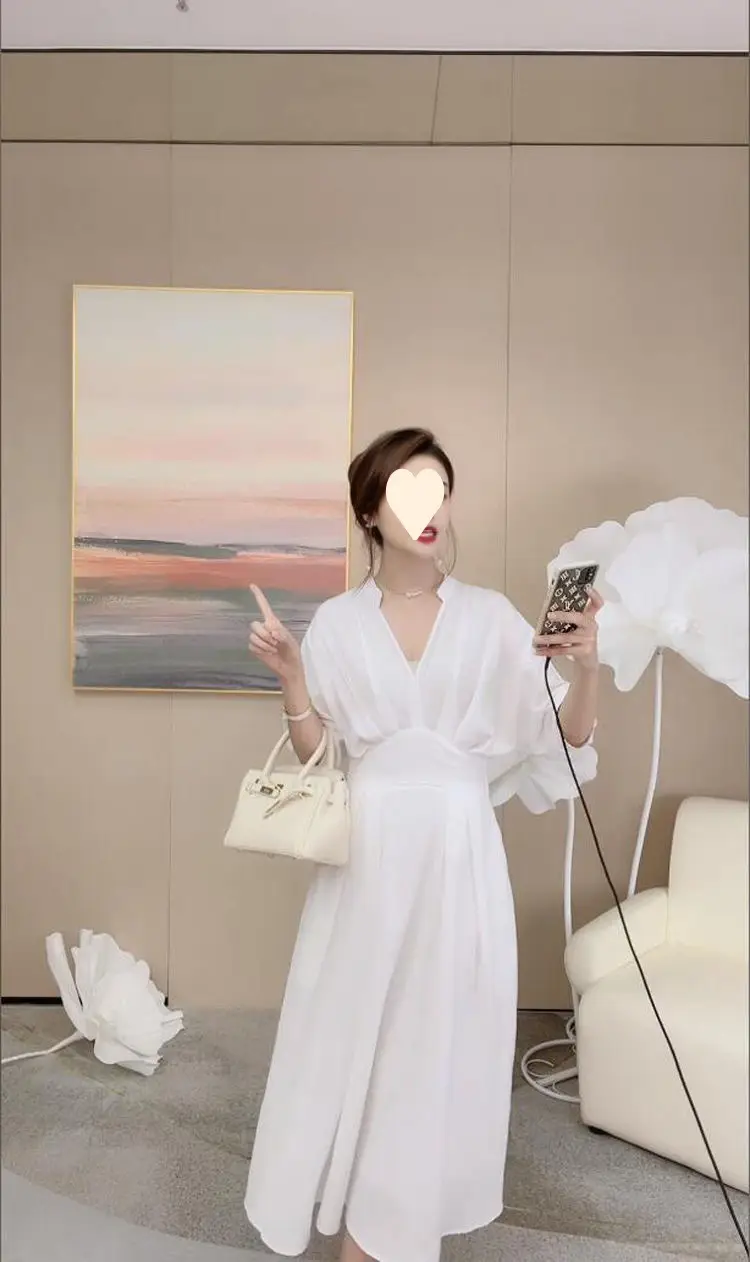 Women's White V-Neck Slimming Mid-Length Dress — feature 9
