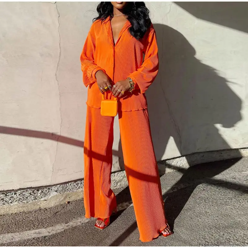 Black Wide Leg Pants Set with V-Neck Top for Women