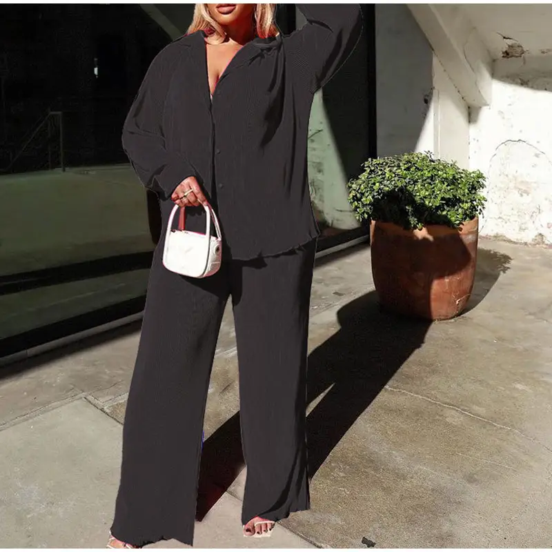 Black Wide Leg Pants Set with V-Neck Top for Women — feature 5
