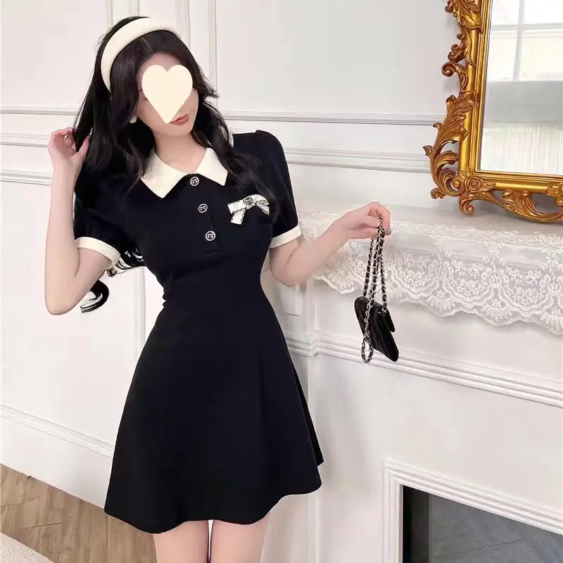Black Polo Collar Waist-Slimming A-Line Dress - Image 3