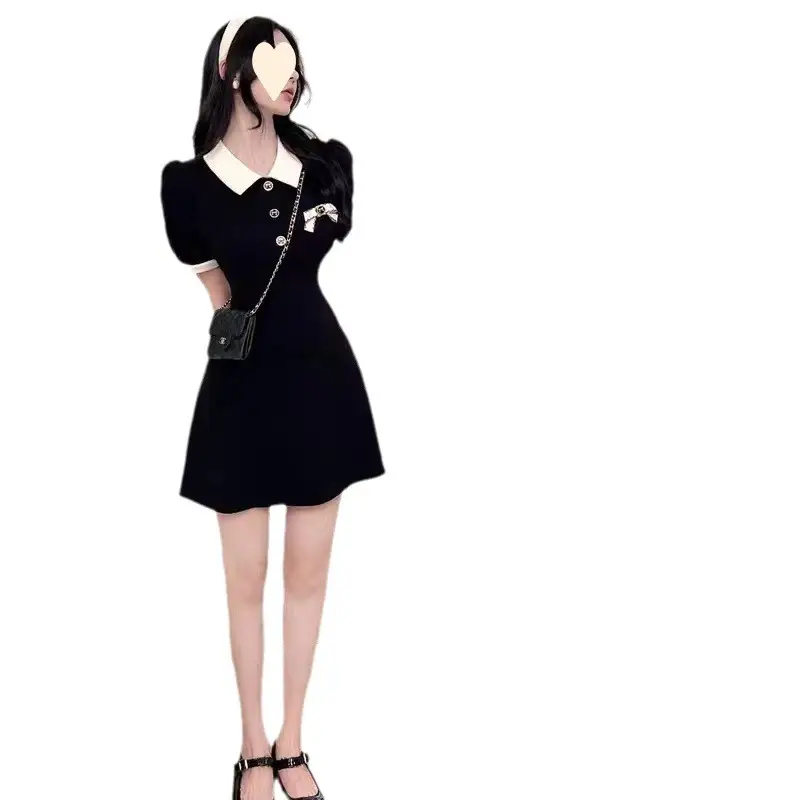 Black Polo Collar Waist-Slimming A-Line Dress - Image 6