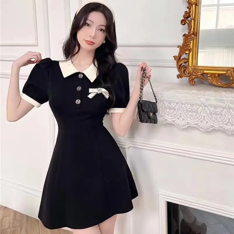 Black Polo Collar Waist-Slimming A-Line Dress — feature 3