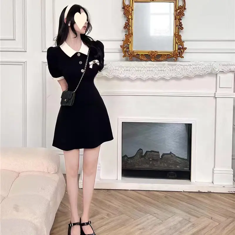 Black Polo Collar Waist-Slimming A-Line Dress — feature 4
