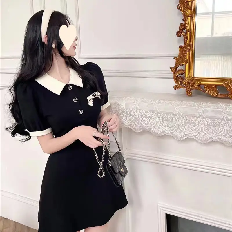 Black Polo Collar Waist-Slimming A-Line Dress — feature 7