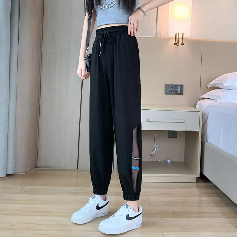 Women Black Ice Silk Loose Leg Pants Summer Large