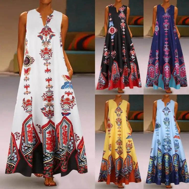 Women's White Printed Mop Long Dress with Retro Pattern - Image 6