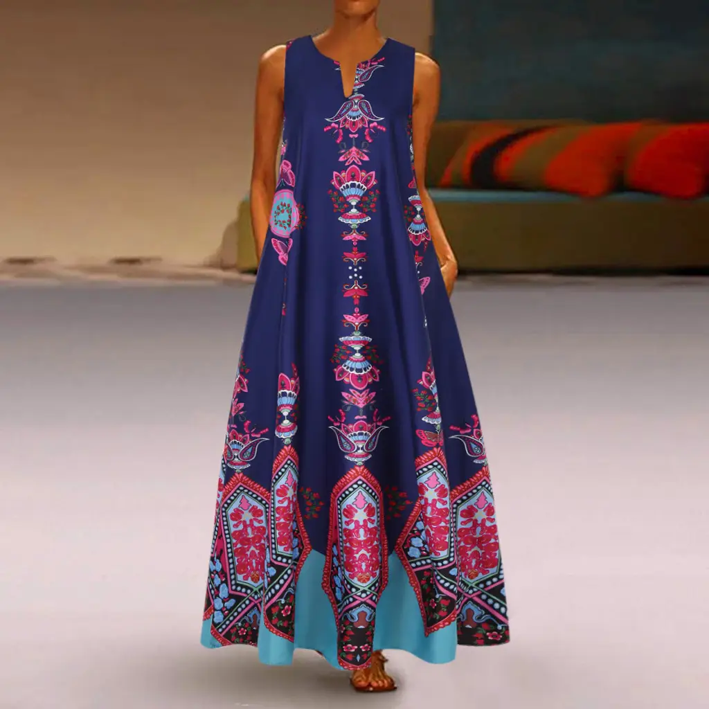 Women's White Printed Mop Long Dress with Retro Pattern - Image 7