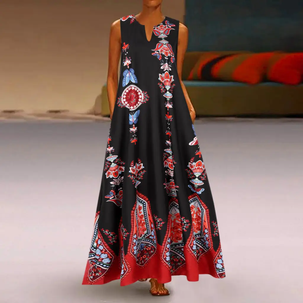 Women's White Printed Mop Long Dress with Retro Pattern - Image 8