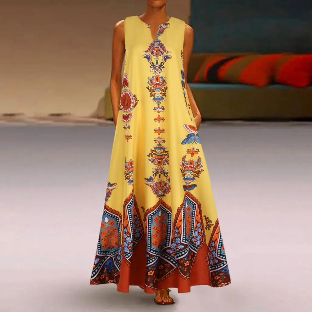 Women's White Printed Mop Long Dress with Retro Pattern - Image 2