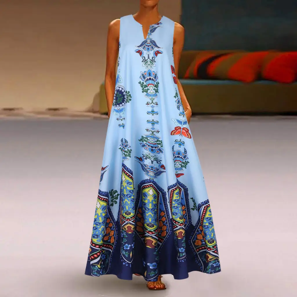 Women's White Printed Mop Long Dress with Retro Pattern - Image 9