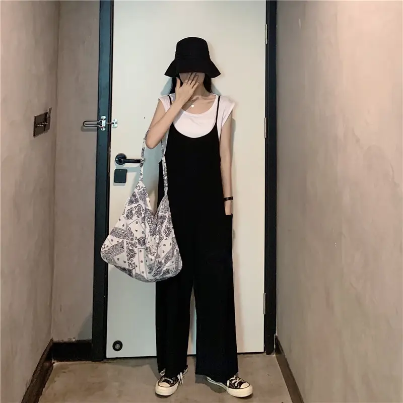Women's Black Wide Leg Pants with White Top & Bucket Hat — feature 12
