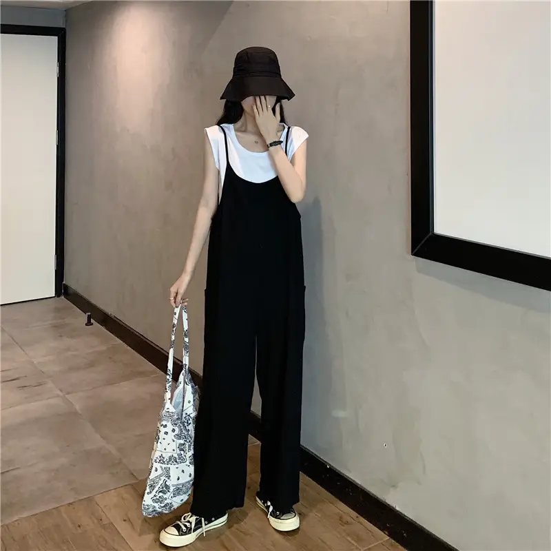 Women's Black Wide Leg Pants with White Top & Bucket Hat — feature 13