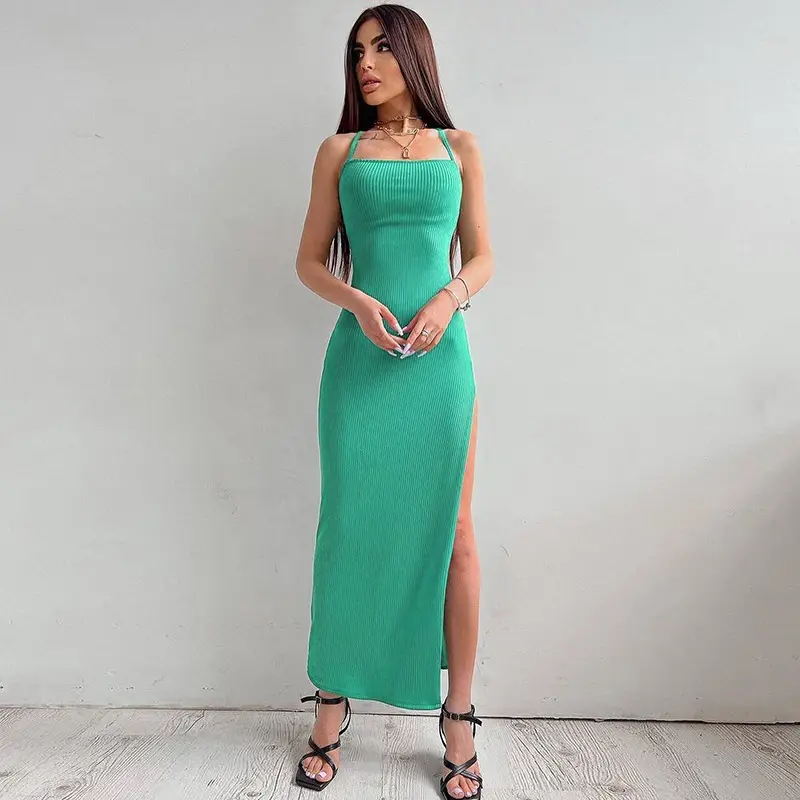 Black Ribbed Strap Backless Long Hip Dress for Women - Image 2