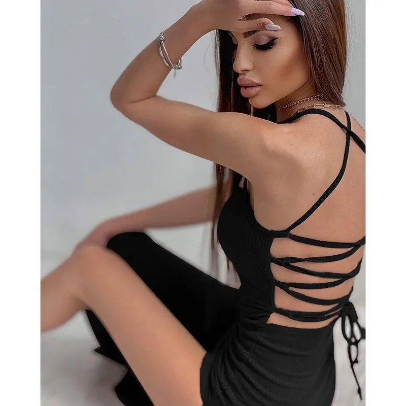 Black Ribbed Strap Backless Long Hip Dress for Women - Image 5