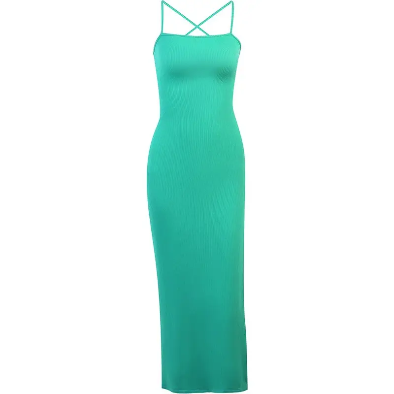 Black Ribbed Strap Backless Long Hip Dress for Women - Image 6