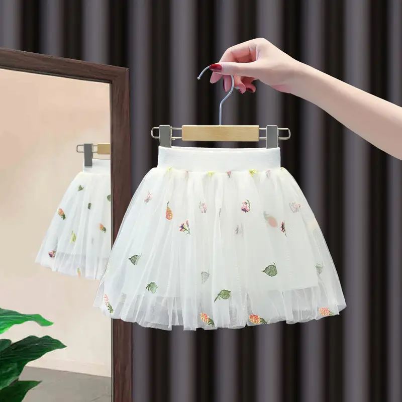 Pink Floral Mesh Girl Skirt 2022 Summer - Image 5