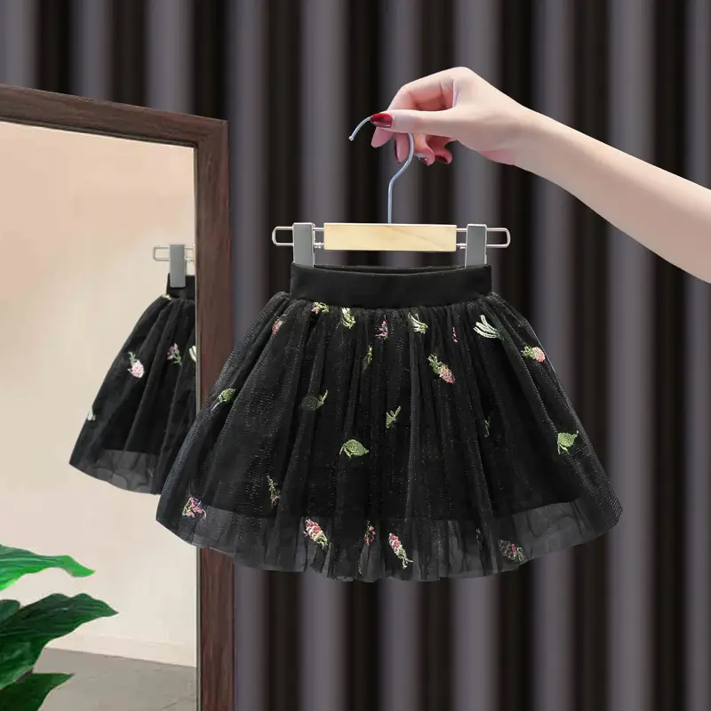 Pink Floral Mesh Girl Skirt 2022 Summer - Image 2