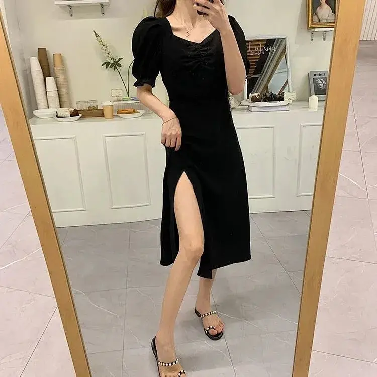 Black Slimming Crossbody Dress with Square Collar — feature 15