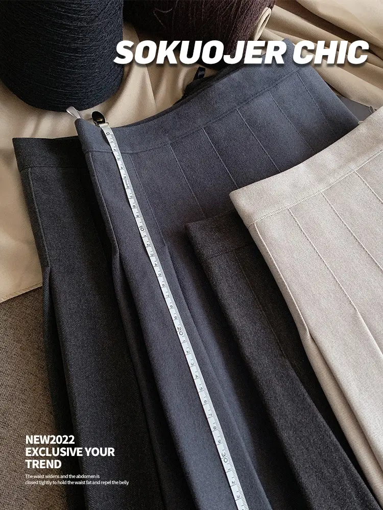 Women Pleated Wool Skirt Black Slimming Large